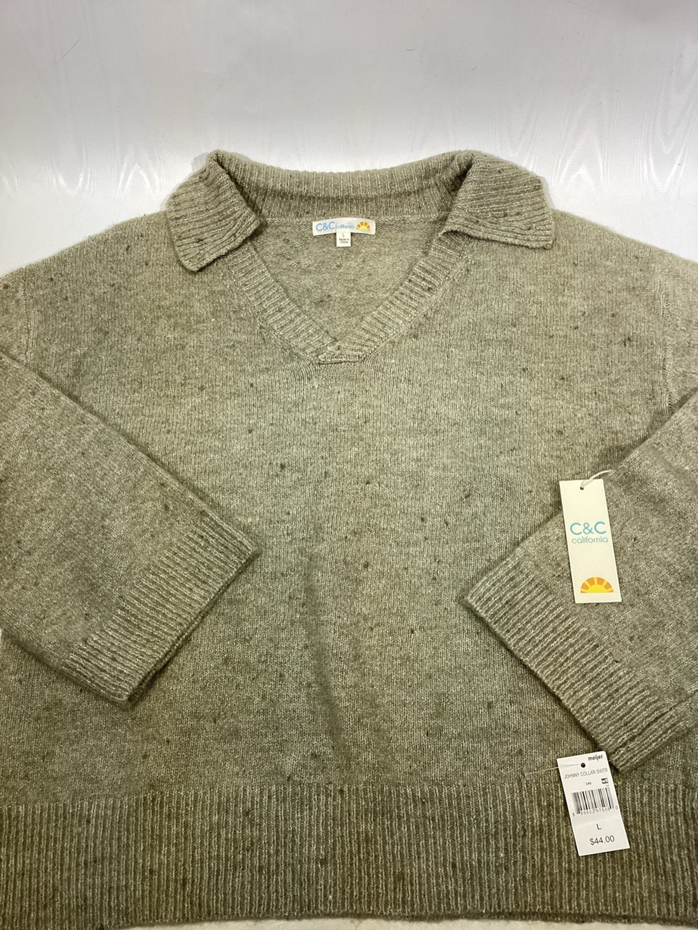 C&C California Johnny Collar Sweater Large Slub Speckled Oversized Gray NWT